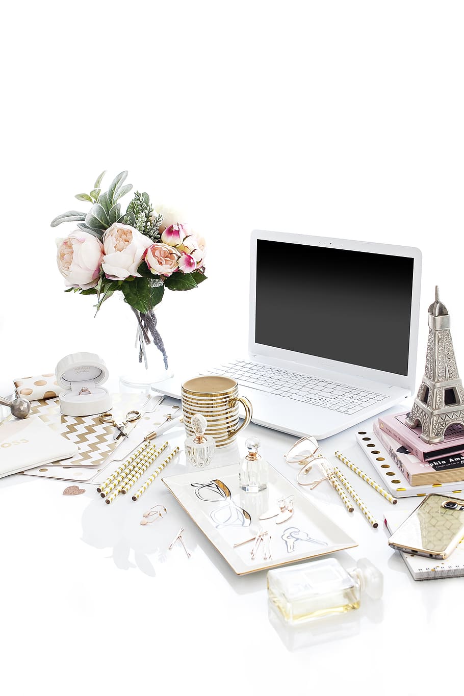 laptop computer surrounded by assorted items, flowering plant HD wallpaper