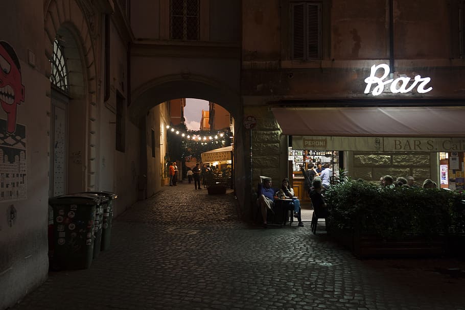 trastevere, italy, rome, bar, roma, sunset, light, street, night, HD wallpaper