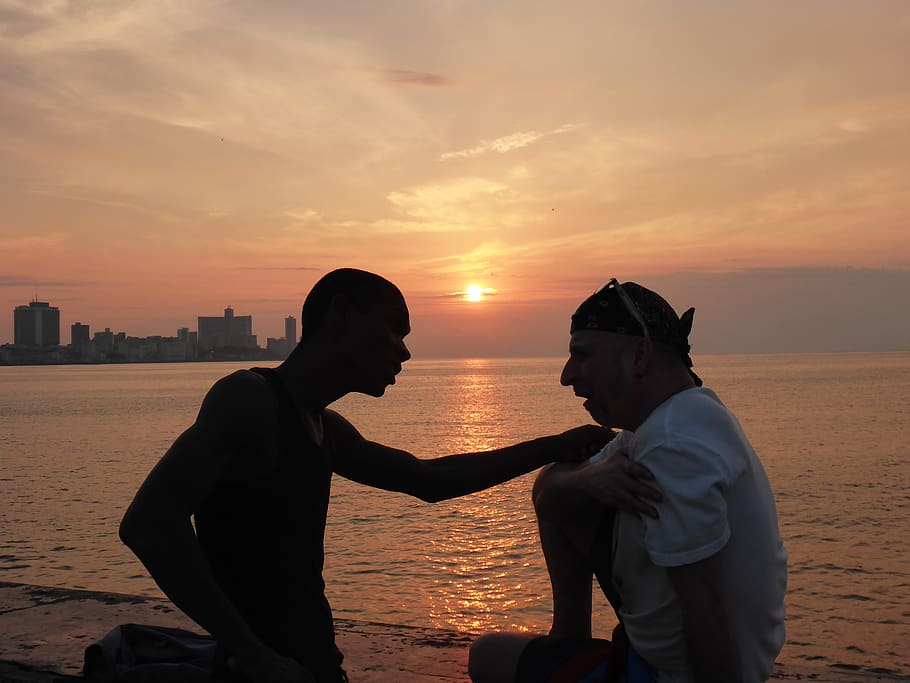 cuba, havanna, sunset, sky, two people, water, sea, orange color HD wallpaper
