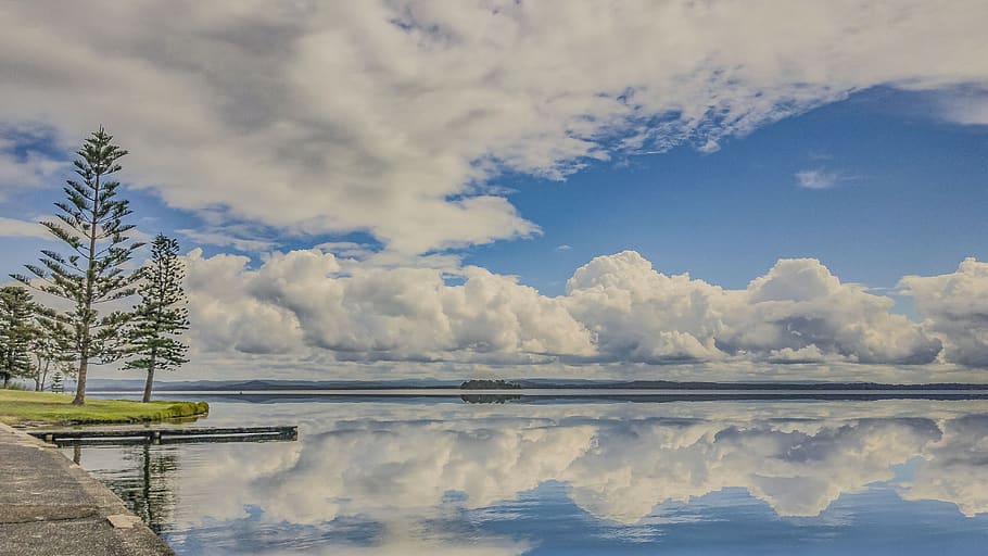 reflection, lake, clouds, weather, landscape, sunrise, blue HD wallpaper