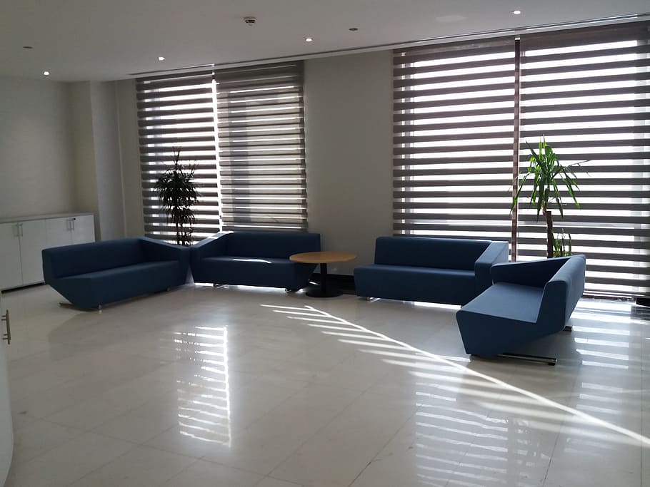 sitting, area, blue, sofa, office, workplace, indoors, flooring HD wallpaper