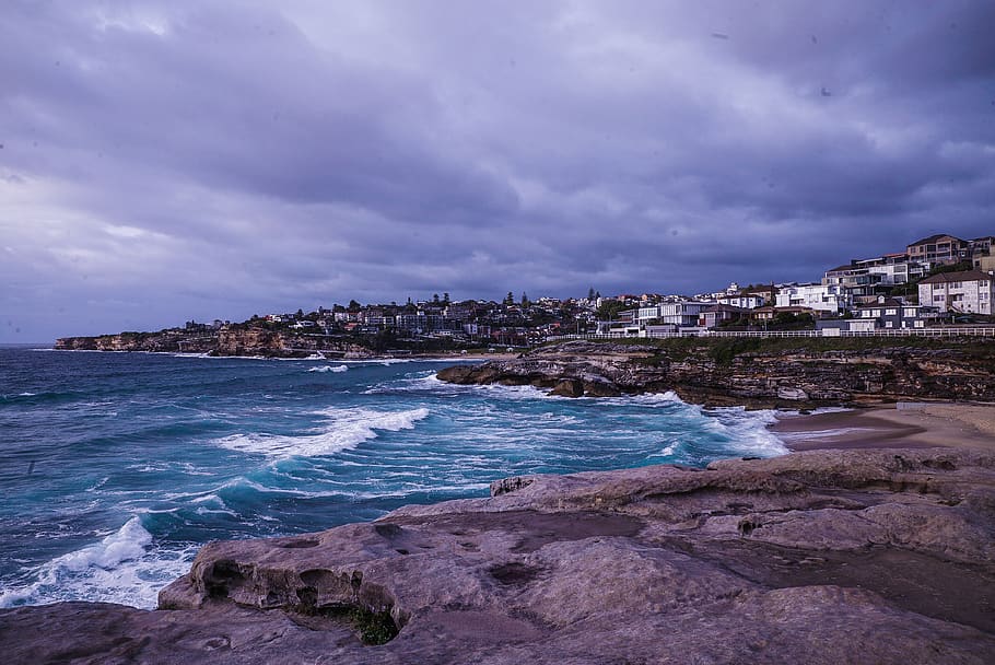 Houses Near Ocean Water, beach, clouds, coast, daylight, landscape HD wallpaper