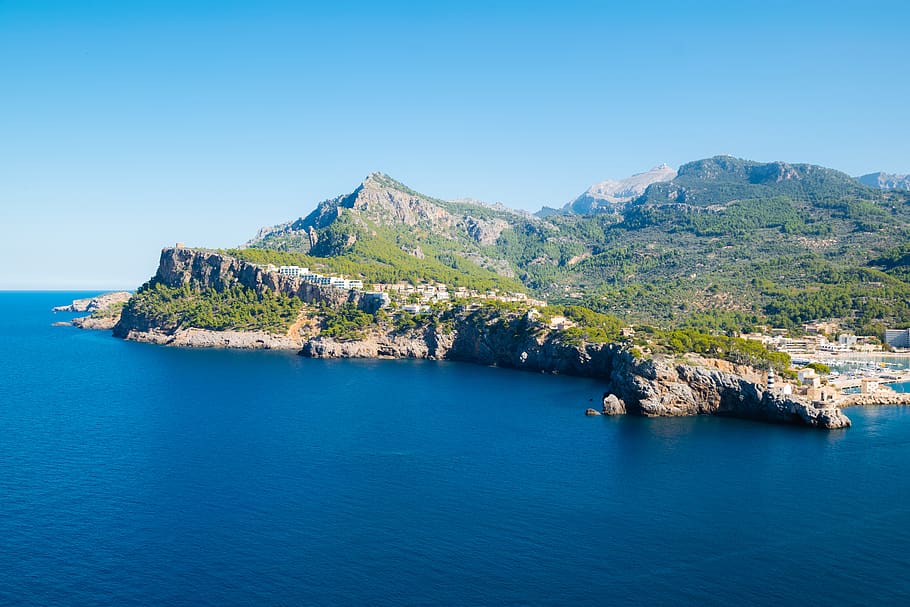 spain, majorca, ocean, water, outdoors, green, trees, mountains HD wallpaper