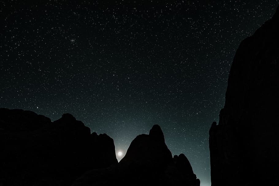 mountain under the galaxy, silhouette, night, starry, moon, night sky
