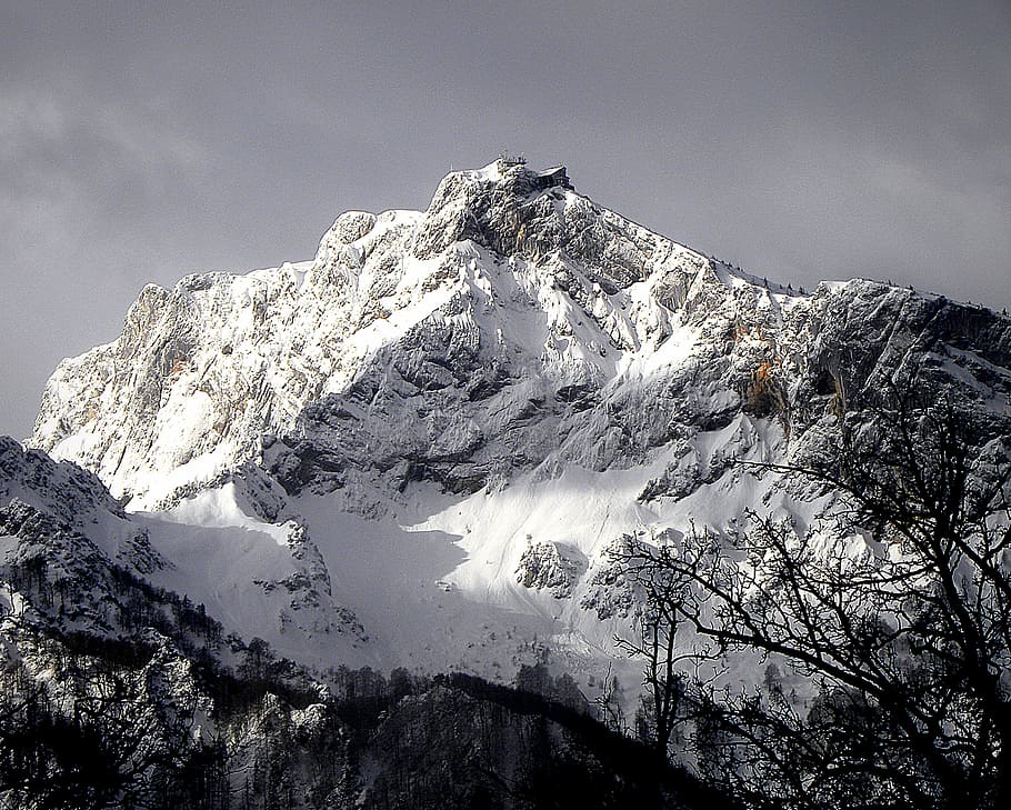 Mountain Cliff Covered With Snow Near Trees Landscape Photo, clouds HD wallpaper
