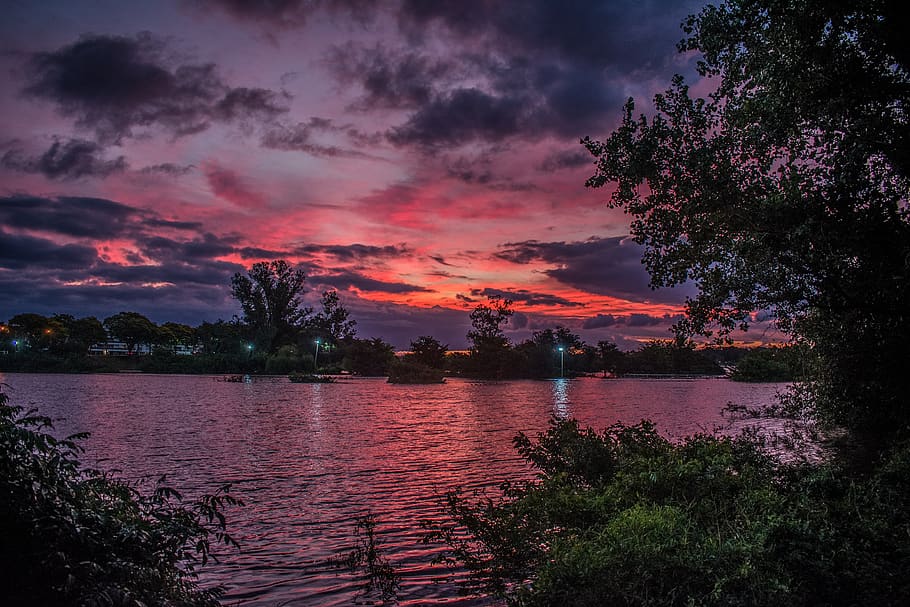 landscape, sunset, river, sky, wind, dawn, nature, light, clouds HD wallpaper