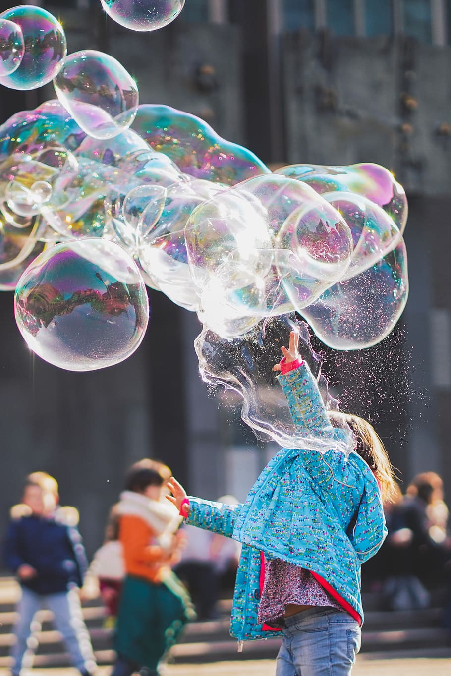 Girl Playing with Bubbles, action, active, child, fun, reaching HD wallpaper