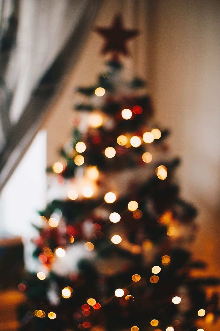Green Christmas Tree With String Lights, blur, bokeh, celebration