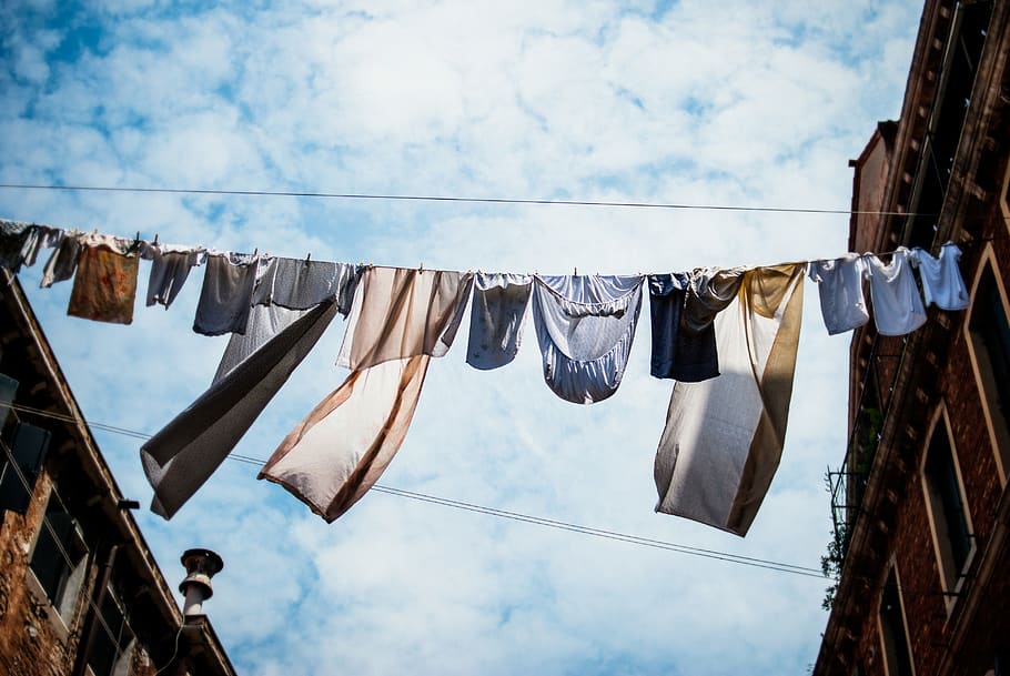 clothes hanged on rope, hanging, drying, laundry, sky, clothesline HD wallpaper