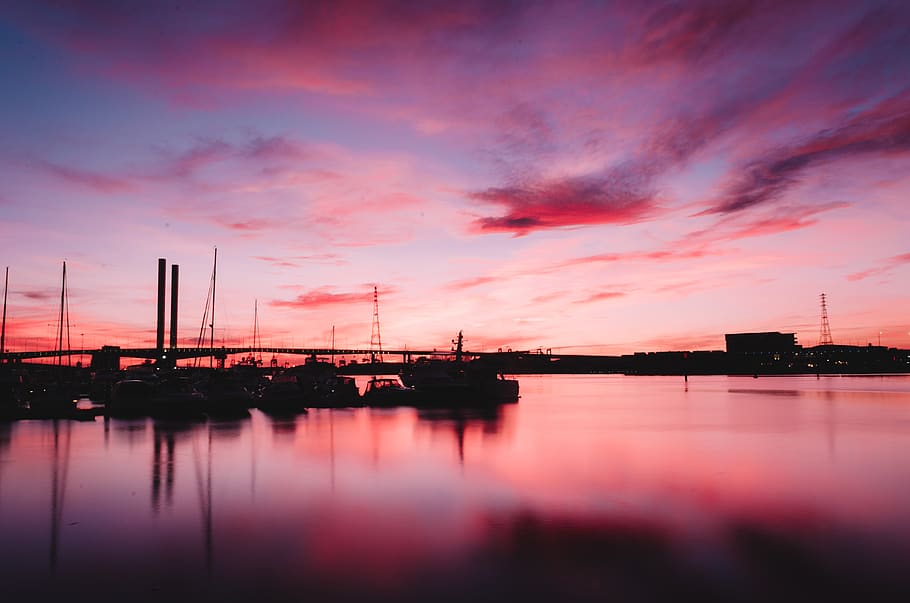 australia, docklands, sunset, clouds, water, long exposure HD wallpaper