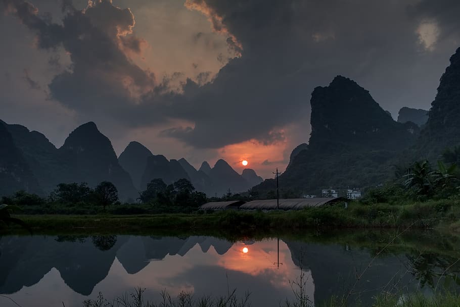 china, guilin, yangshuo, sunset, lake, mountains, reflection
