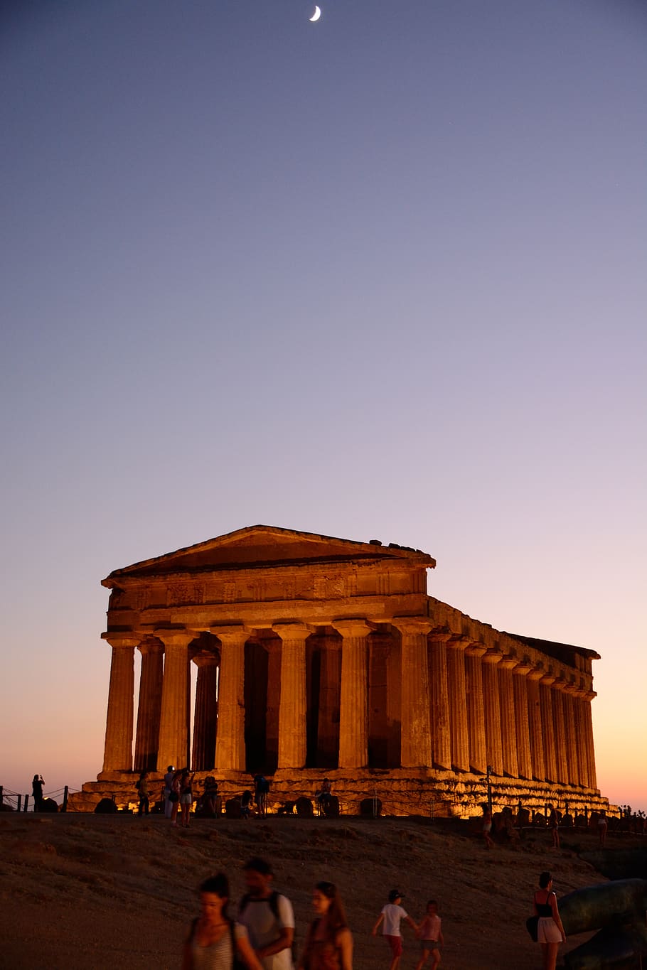 italy, agrigento, moon, temple, purple, sky, night, group of people HD wallpaper