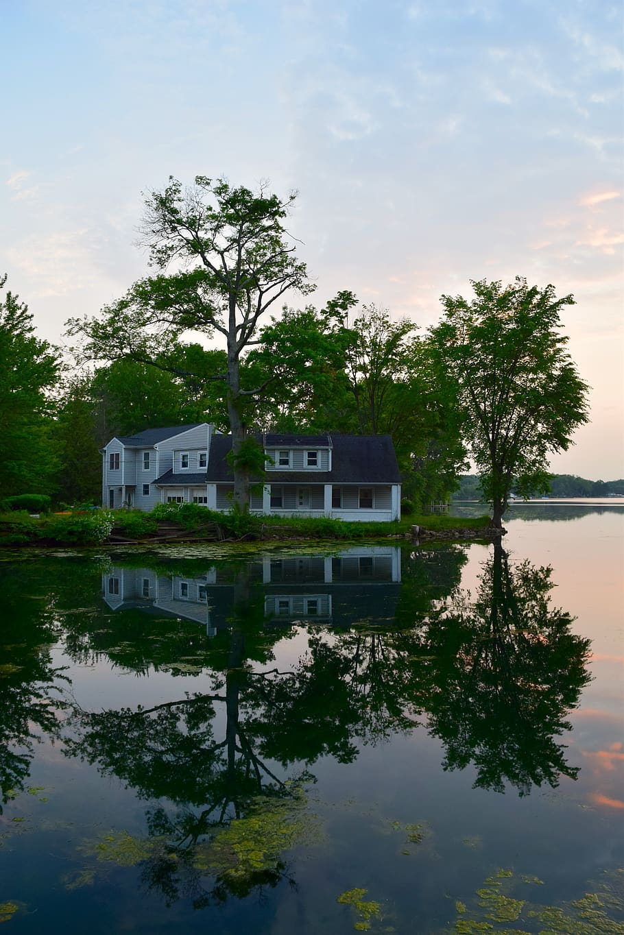 house, lake, trees, reflection, water, nature, landscape, rocks HD wallpaper