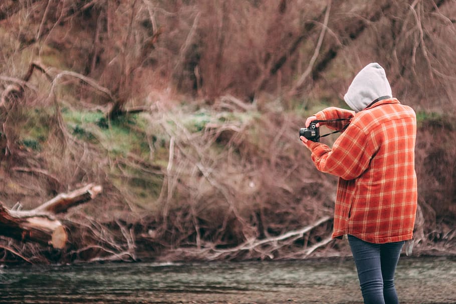 forest, winter, river, trees, photographer, camera, girl, jacket HD wallpaper