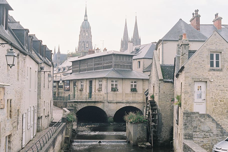 france, bayeux, parisian, bridge, cathedral, architecture, cobblestone, HD wallpaper