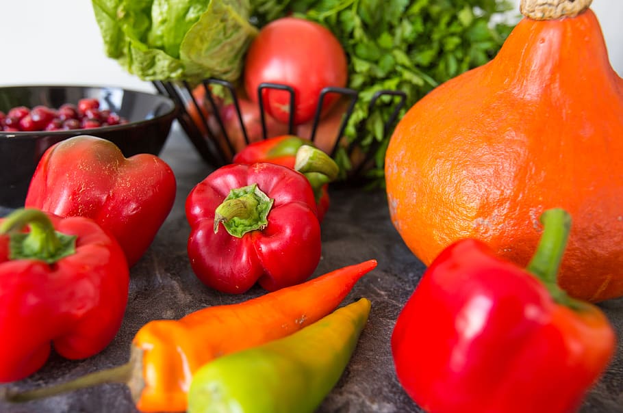 vegetables, pepper, bell pepper, red, orange, colorful, pumpkin HD wallpaper