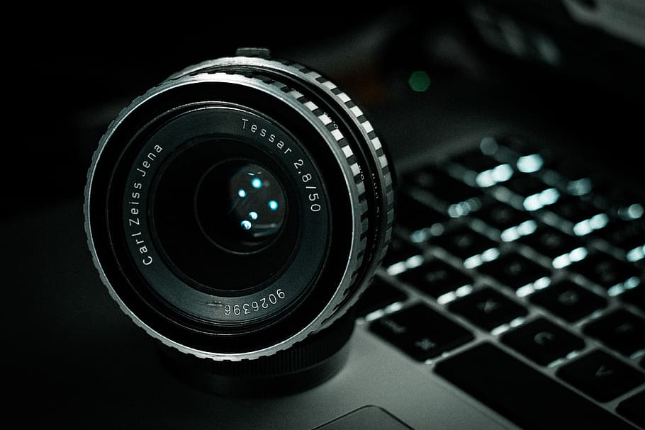 black DSLR camera on laptop, electronics, lens, tech, gear, vintage, HD wallpaper