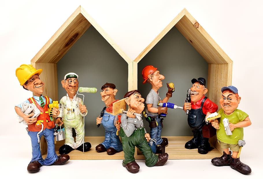 housebuilding, craftsmen, site, workers, force, figures, funny