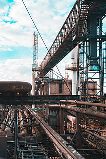 concrete bridge, factory, building, refinery, construction crane HD wallpaper