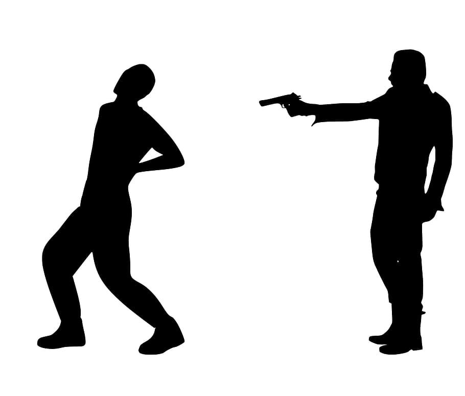 Silhouette of a man shooting another man., killing, murder, crime