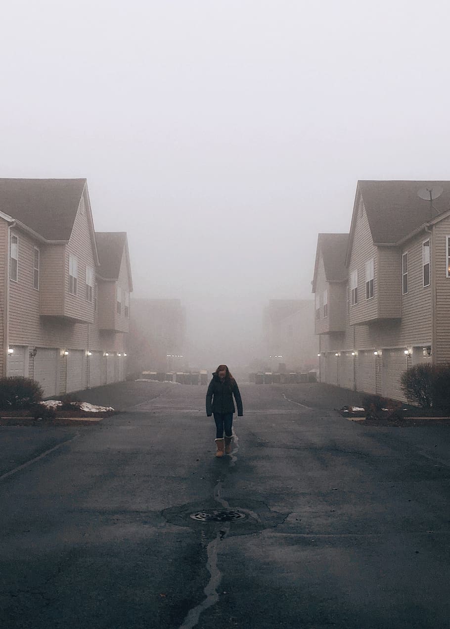 fog, sister, houses, dramatic, dark, lights, grey, mist, winter HD wallpaper