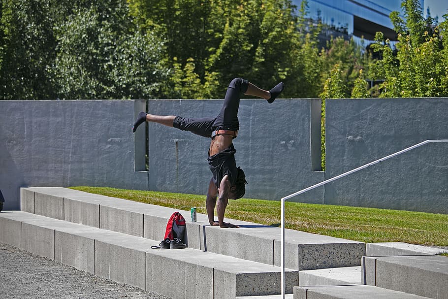 man break dancing on stair, full length, architecture, real people HD wallpaper