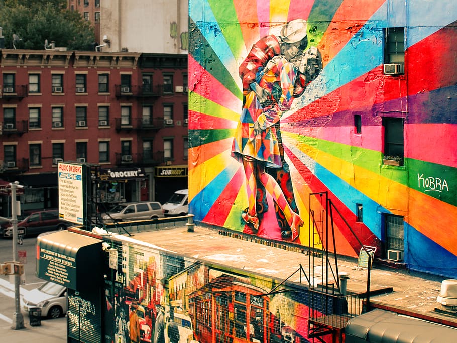 Couple Mural, street art, multi colored, architecture, building exterior HD wallpaper