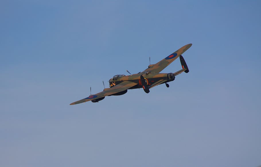 plane, flight, sky, airplane, lancaster, propeller, mode of transportation HD wallpaper