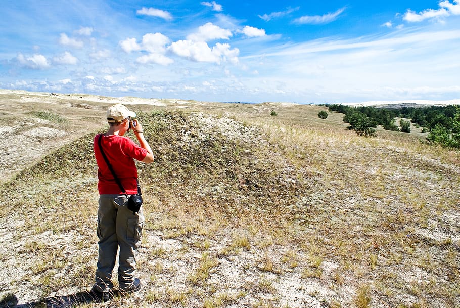 sky, boy, photograph, dune, green, beige, blue, white, clouds HD wallpaper