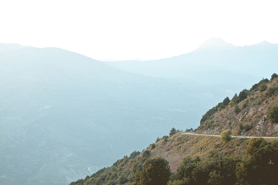 mountains, road, pyrineas, spain, highlands, nature, sky, blue HD wallpaper