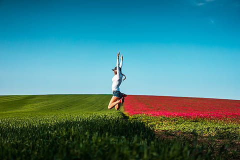 Happy Woman Jumping in the Air, alone, cloudless, eco, ecology HD wallpaper
