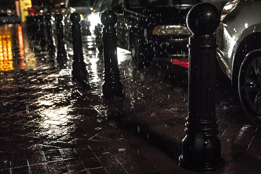 still, items, things, sidewalk, pavement, posts, traffic, cars HD wallpaper
