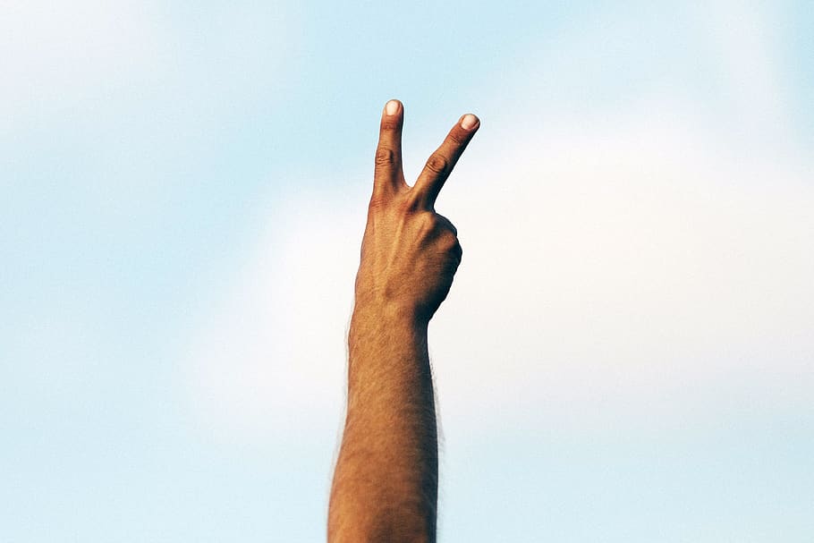 hand, fingers, peace, clouds, sky, blue, white, brown, human body part HD wallpaper