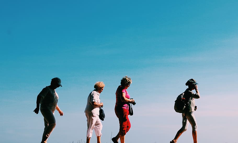 four people walking, person, human, outline, sky, elderly, candid HD wallpaper