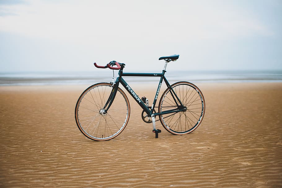 black road bike on sand, bicycle, sea, beach, coast, outdoors