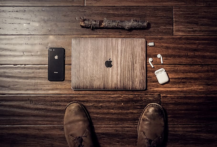 HD wallpaper: tech, apple, macbook, airpods, style, leathershoes, wood, wood  - material | Wallpaper Flare