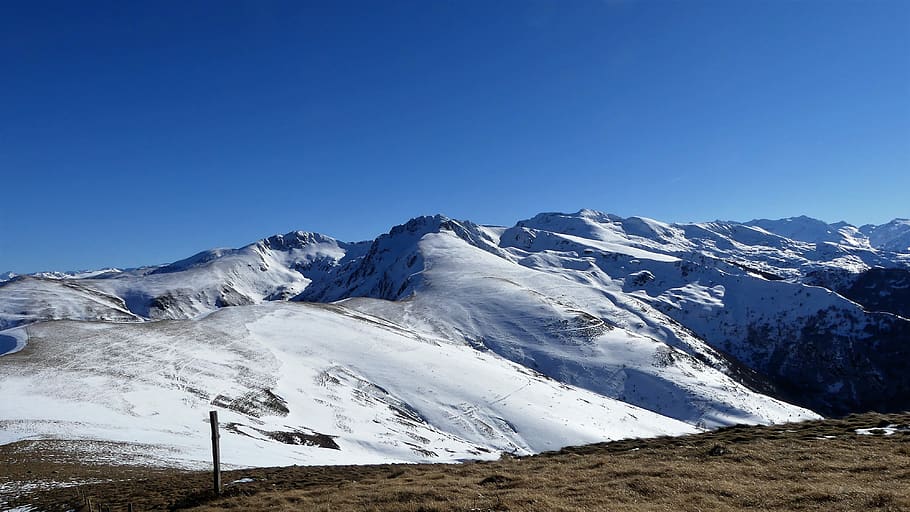 landscape, panorama, winter, mountain, summits, nature, snow HD wallpaper