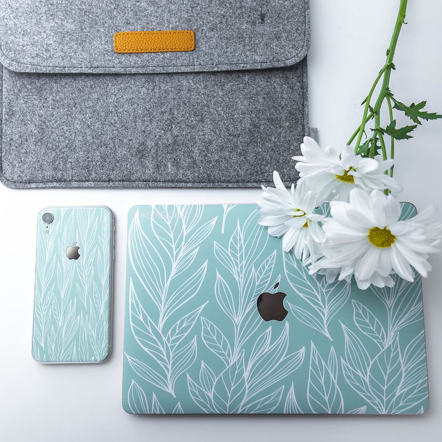 teal and white floral iPhone and iPad case set, plant, flower, HD wallpaper