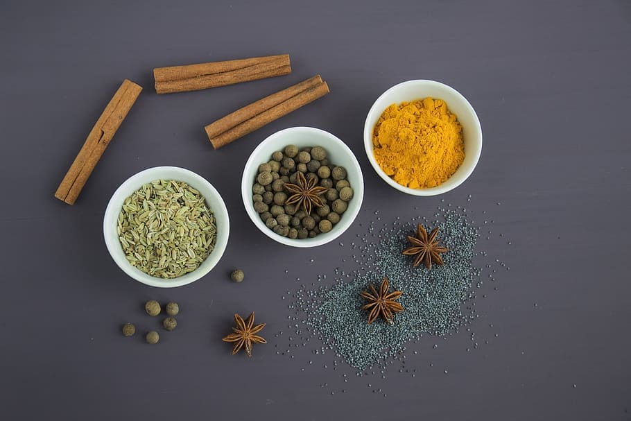 spices, ingredients, turmeric, cinnamon, seeds, pepper, anise, HD wallpaper