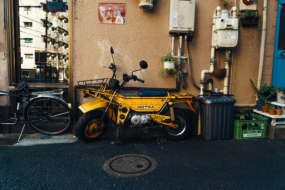 yellow minibike park near wall, wheel, machine, bicycle, vehicle, HD wallpaper