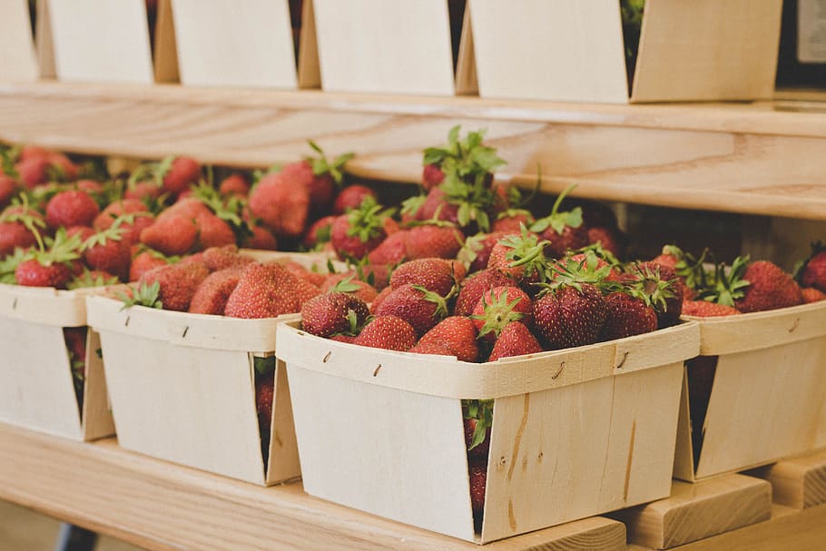 Bunch of Red Strawberries, basket, batch, box, close-up, container HD wallpaper