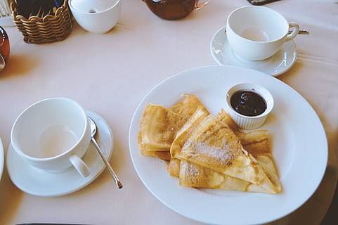 Pan Cakes Served on White Ceramic Plate, chocolate, close-up HD wallpaper