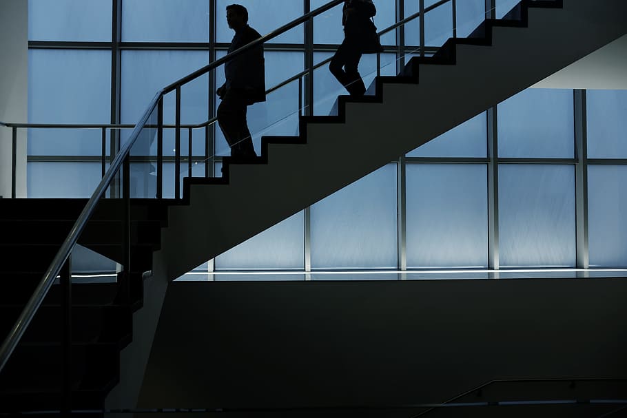 two person walking down on stairs, window, architecture, silhouette HD wallpaper
