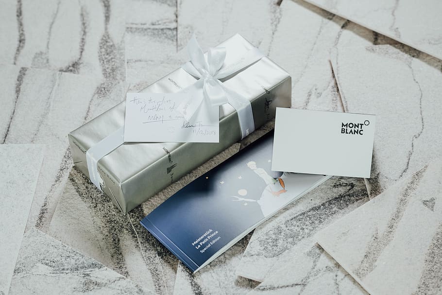 Mont Blanc box, paper, gift, text, business card, soil, table, HD wallpaper