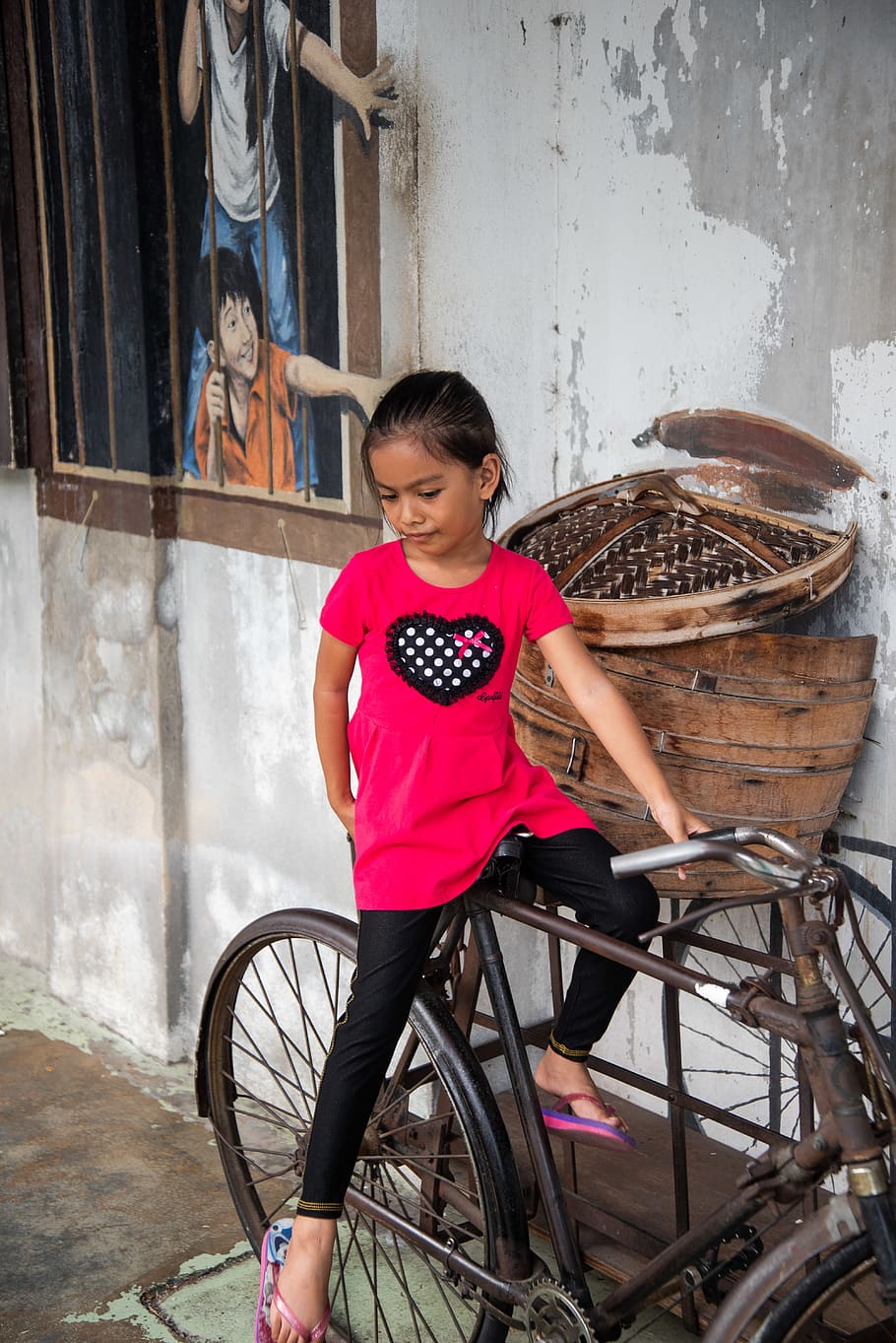 girl sitting on bicycle near wall during daytime, wheel, machine, HD wallpaper