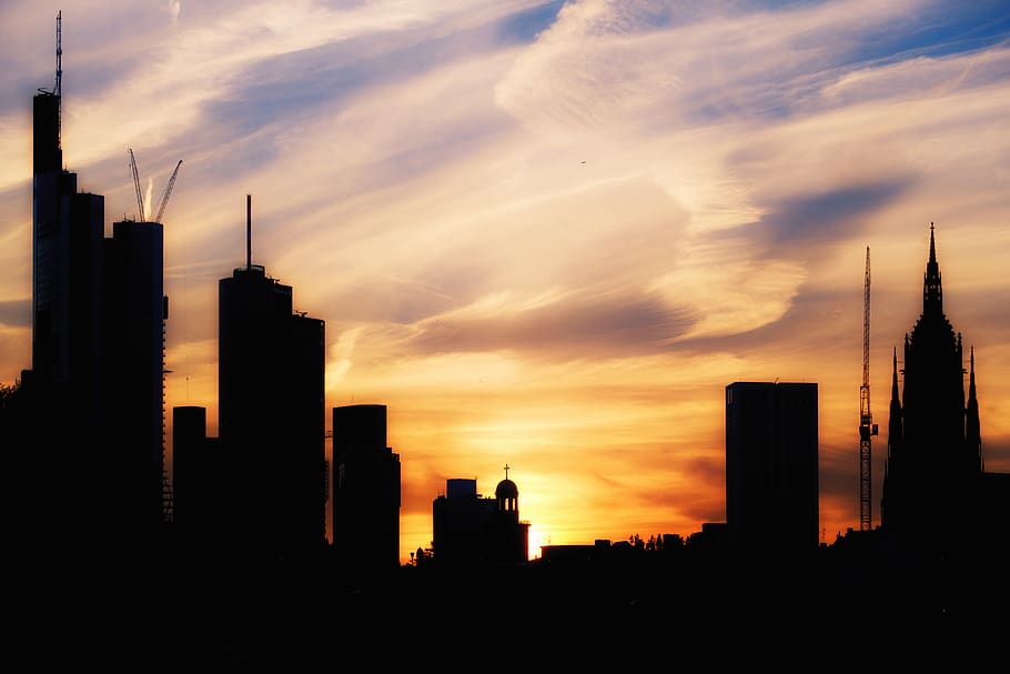 skyline, silhouette, sunset, clouds, skyscraper, skyscrapers HD wallpaper