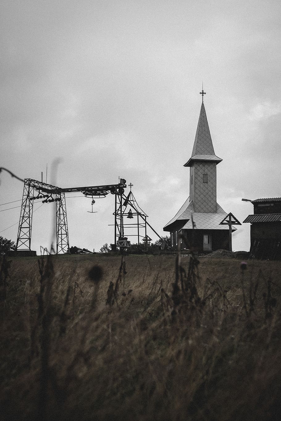 gray chapel on grass field, building, steeple, tower, spire, architecture HD wallpaper
