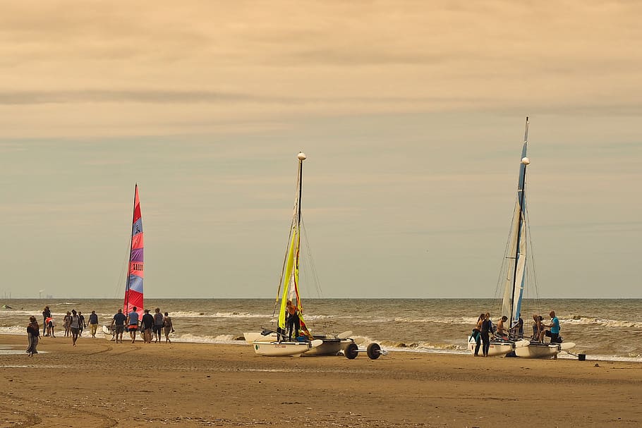 beach, catamaran, nature, sky, landscape, sea, water, tourism HD wallpaper