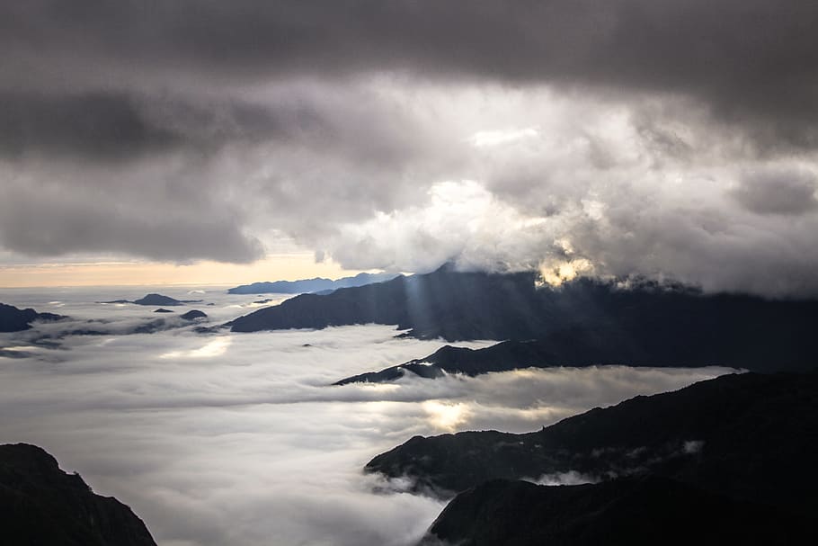 black mountains with clouds, light, flare, nature, weather, outdoors HD wallpaper