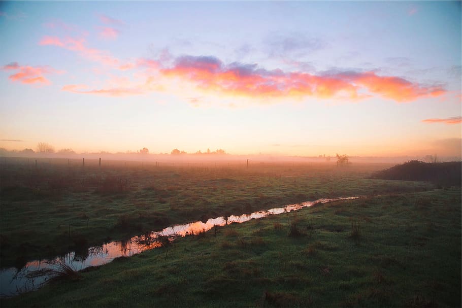 sunset, sky, clouds, grass, fields, water, fog, rural, beauty in nature HD wallpaper